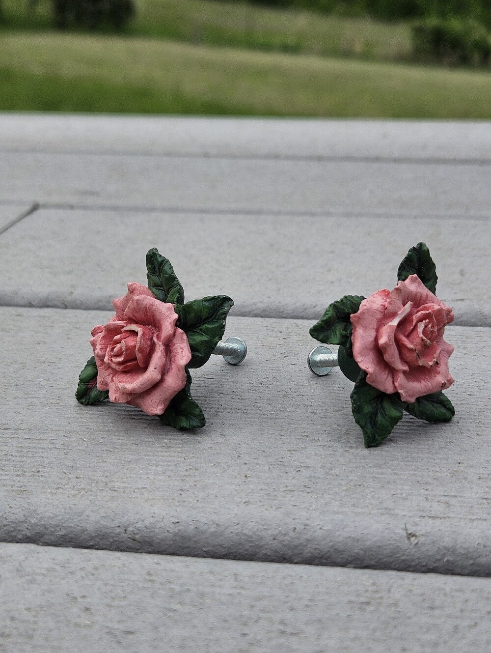 Set of 2 Vtg Rose Flower Cabinet Knobs Pink Floral Drawer Pulls Shabby Chic